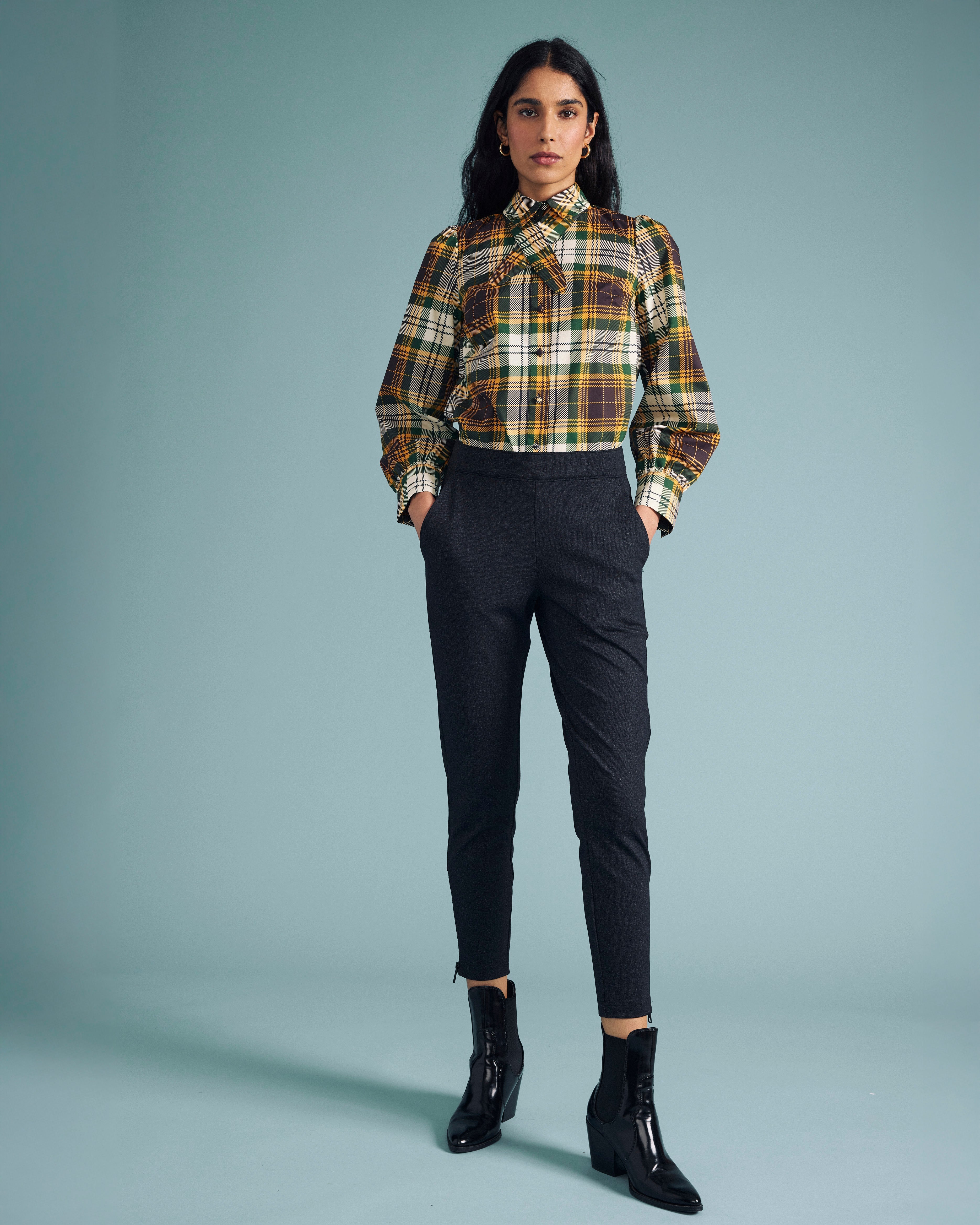 Janet Tie-Neck Cotton Poplin Shirt - Brown Plaid