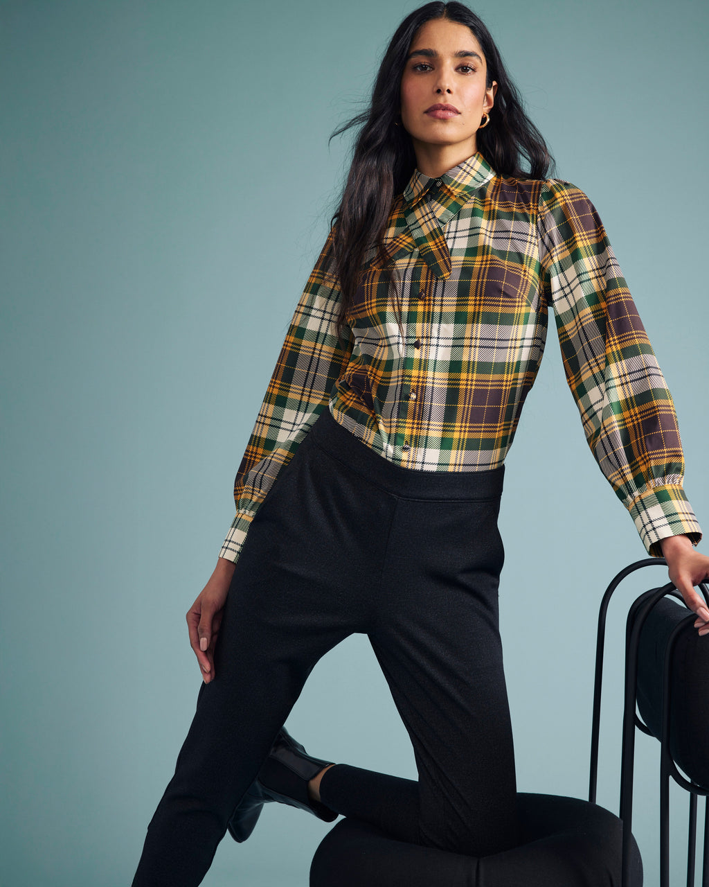 Janet Tie-Neck Cotton Poplin Shirt - Brown Plaid