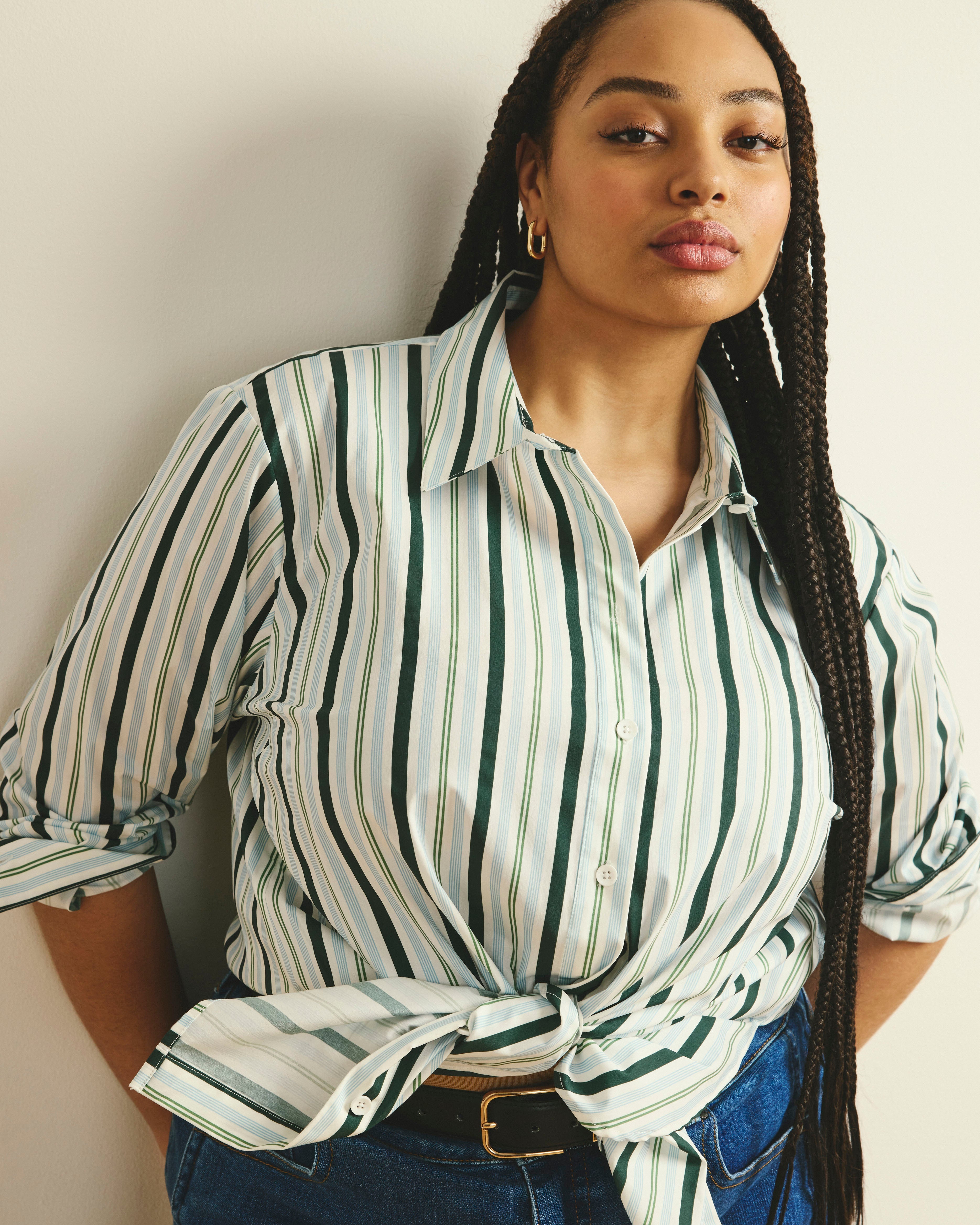 The Artist Oversized Poplin Shirt - Forest Green Multi Stripe