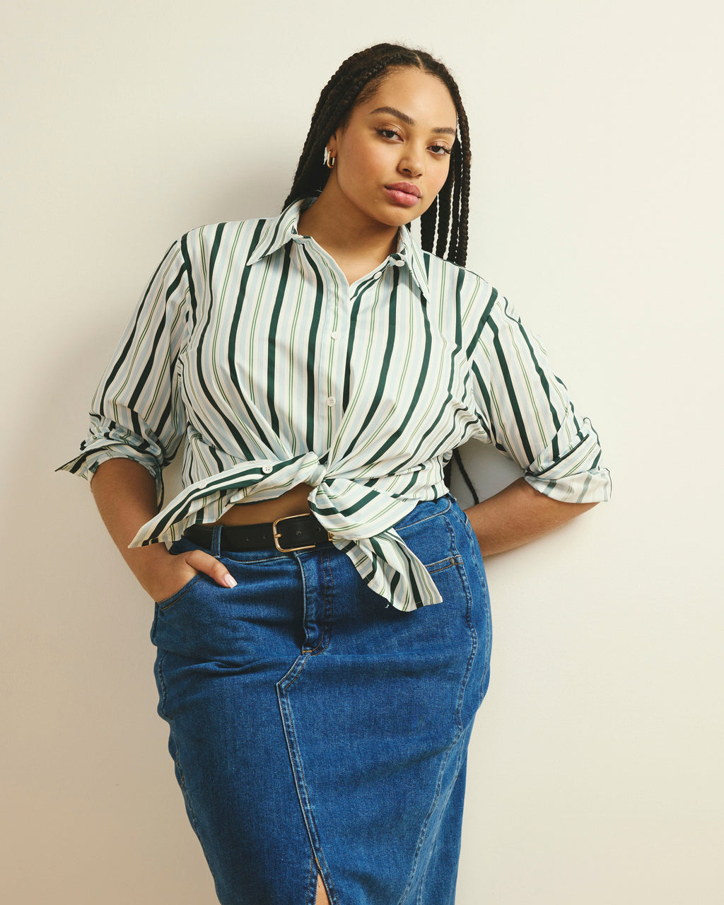 The Artist Oversized Poplin Shirt - Forest Green Multi Stripe