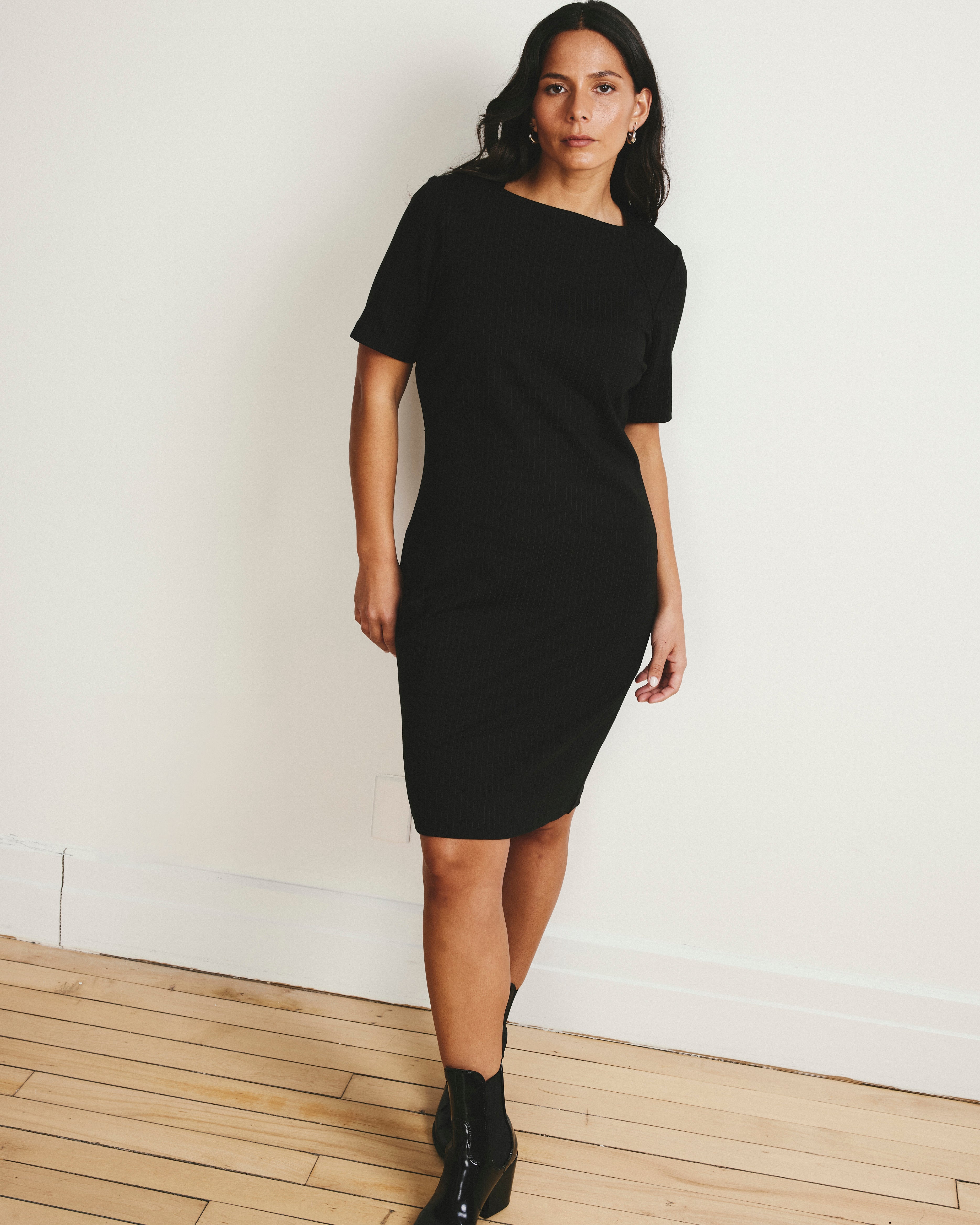 Envelope Neck Ponte Dress - Slate Pinstripe