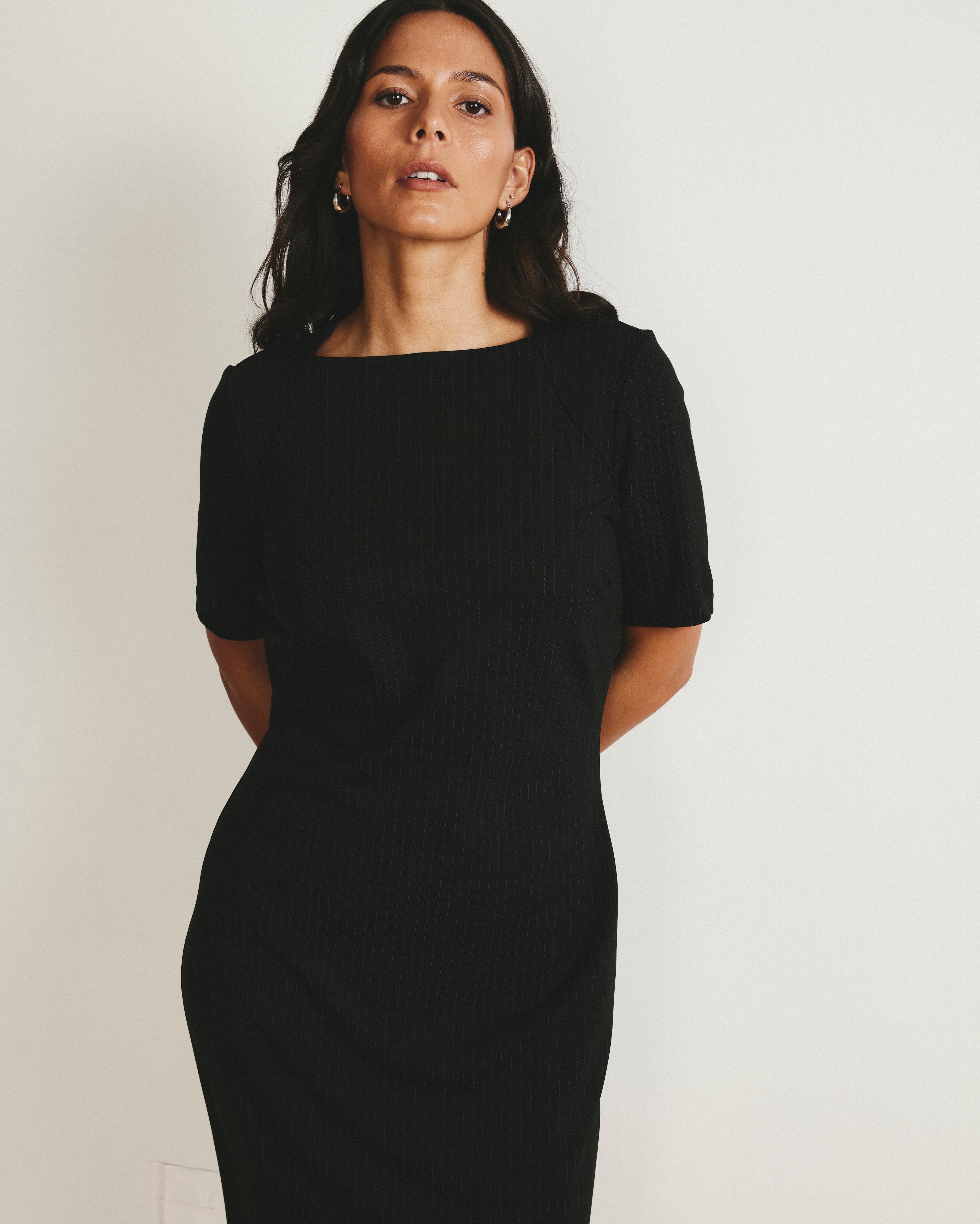 Envelope Neck Ponte Dress - Slate Pinstripe