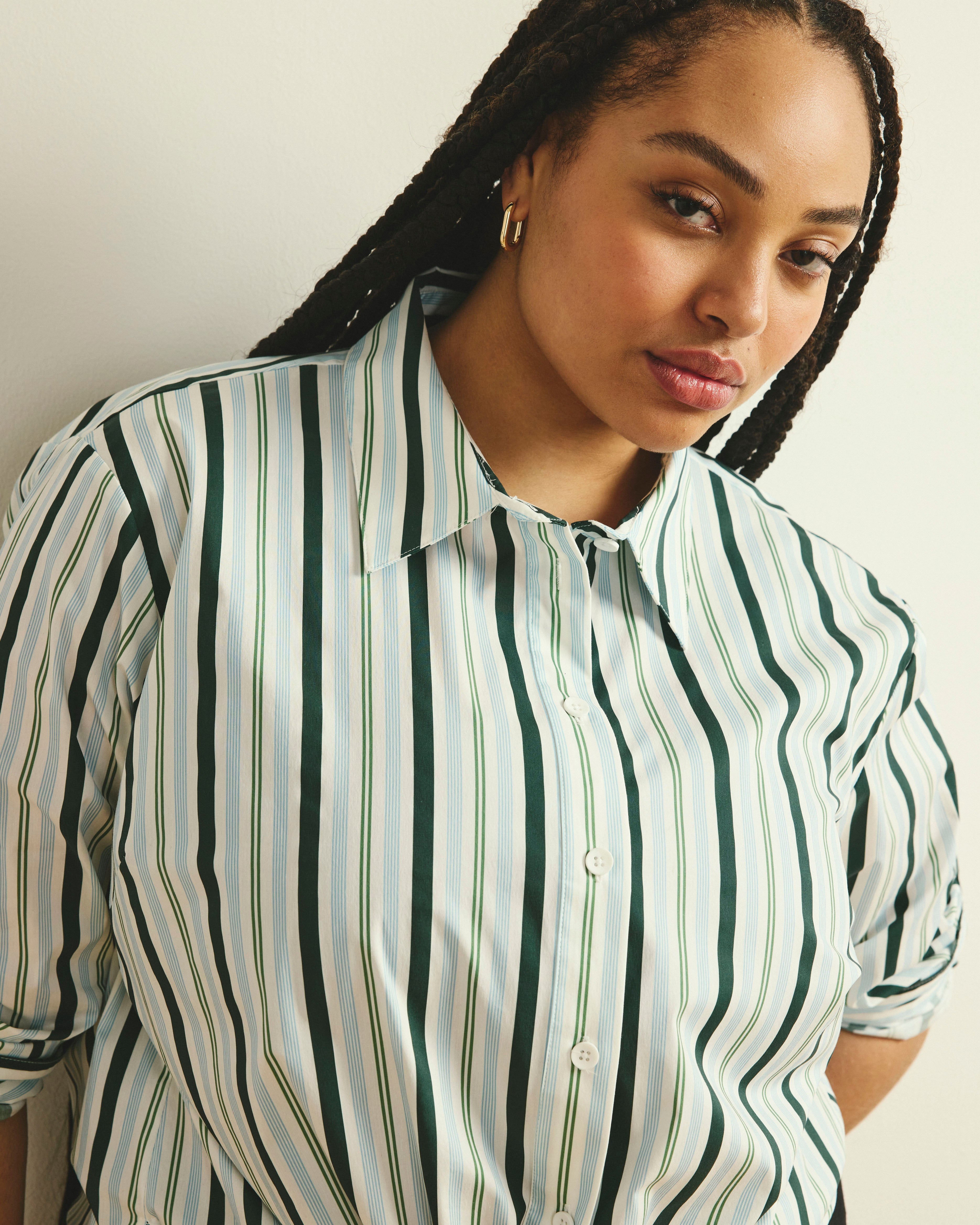The Artist Oversized Poplin Shirt - Forest Green Multi Stripe
