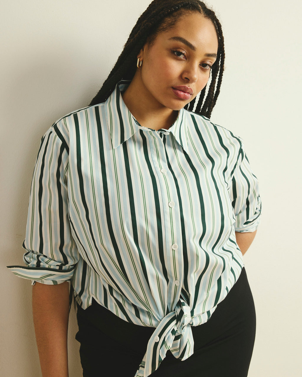 The Artist Oversized Poplin Shirt - Forest Green Multi Stripe