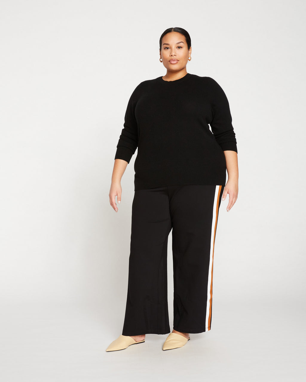 Stephanie Wide Leg Stripe Ponte Pants 30 Inch - Black with Ochre/White Stripe