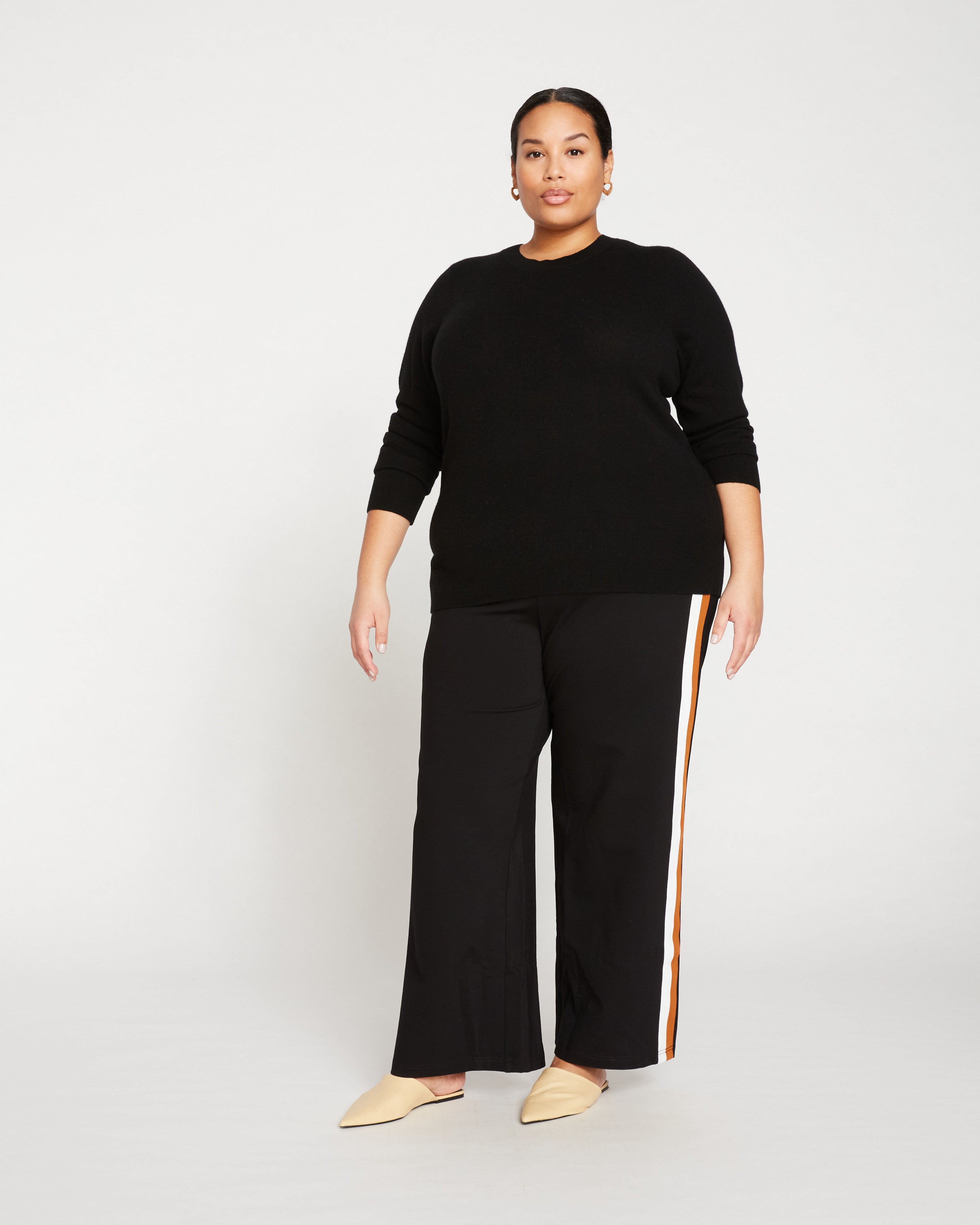 Stephanie Wide Leg Stripe Ponte Pants 30 Inch - Black with Ochre/White Stripe