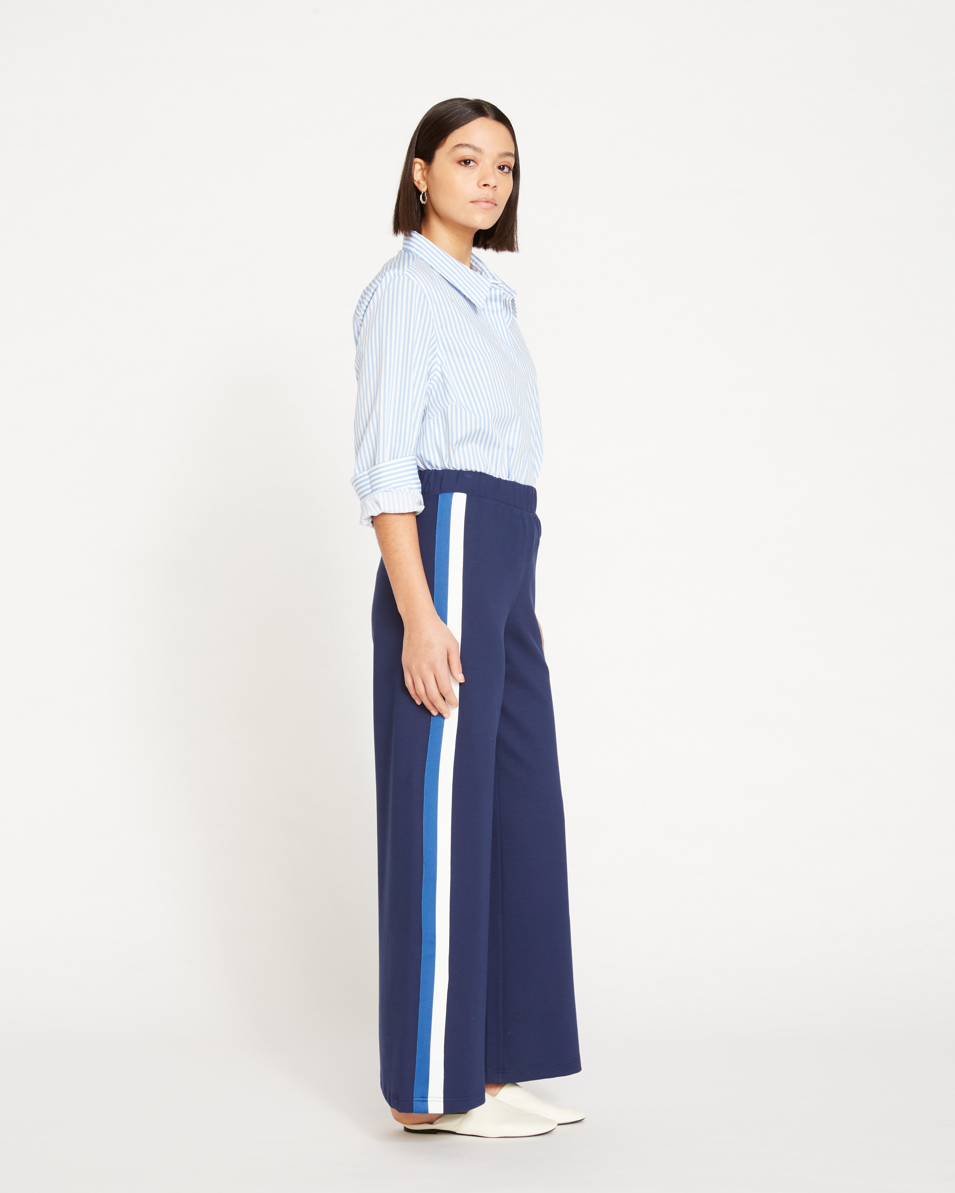 Stephanie Wide Leg Stripe Ponte Pants 30 Inch - Navy with Blue/White Stripe