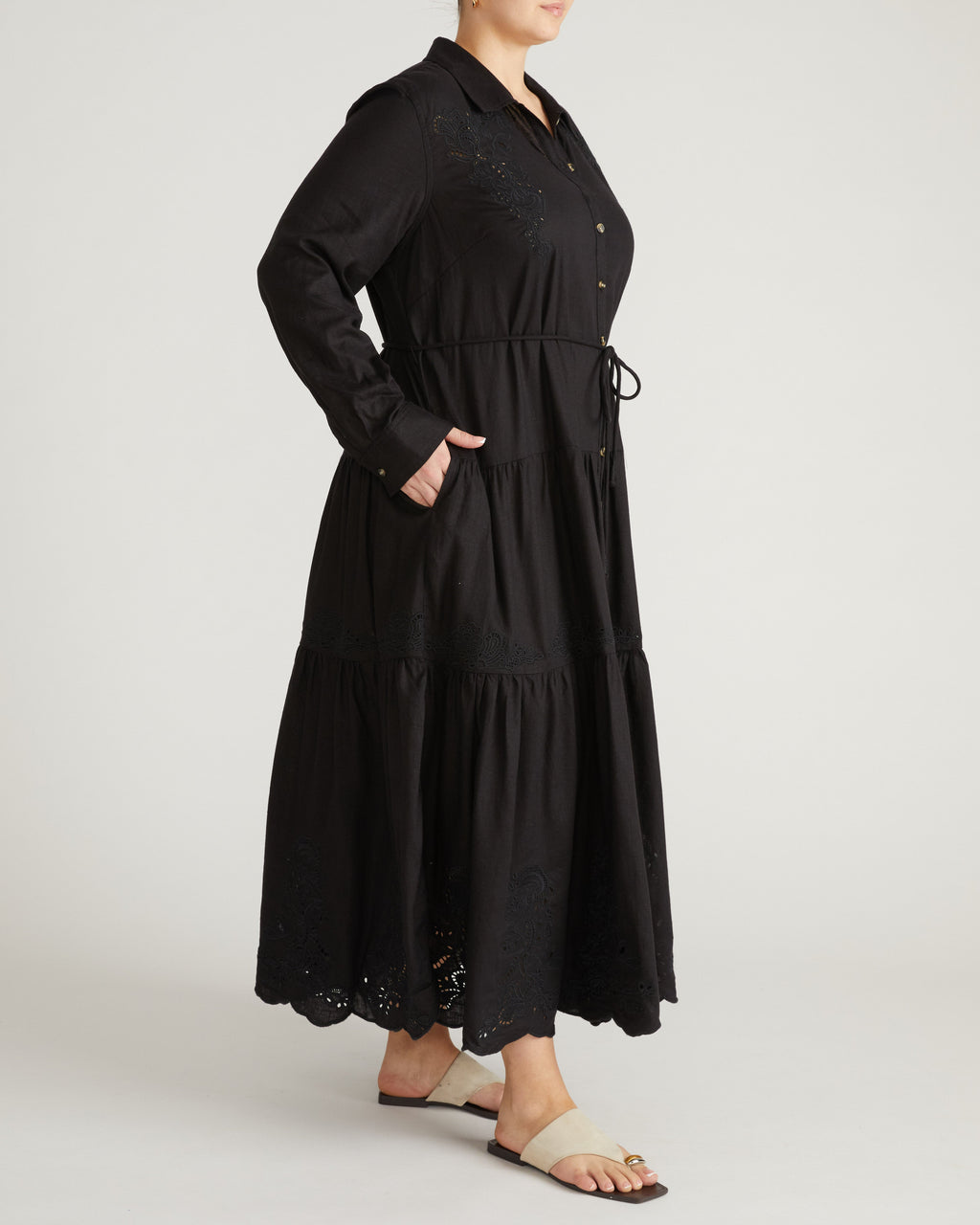 Alix Embroidered Linen Blend Shirtdress - Black