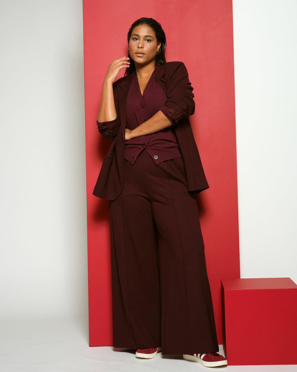 Pam Pintuck Wide Leg Ponte Pants - Black Cherry