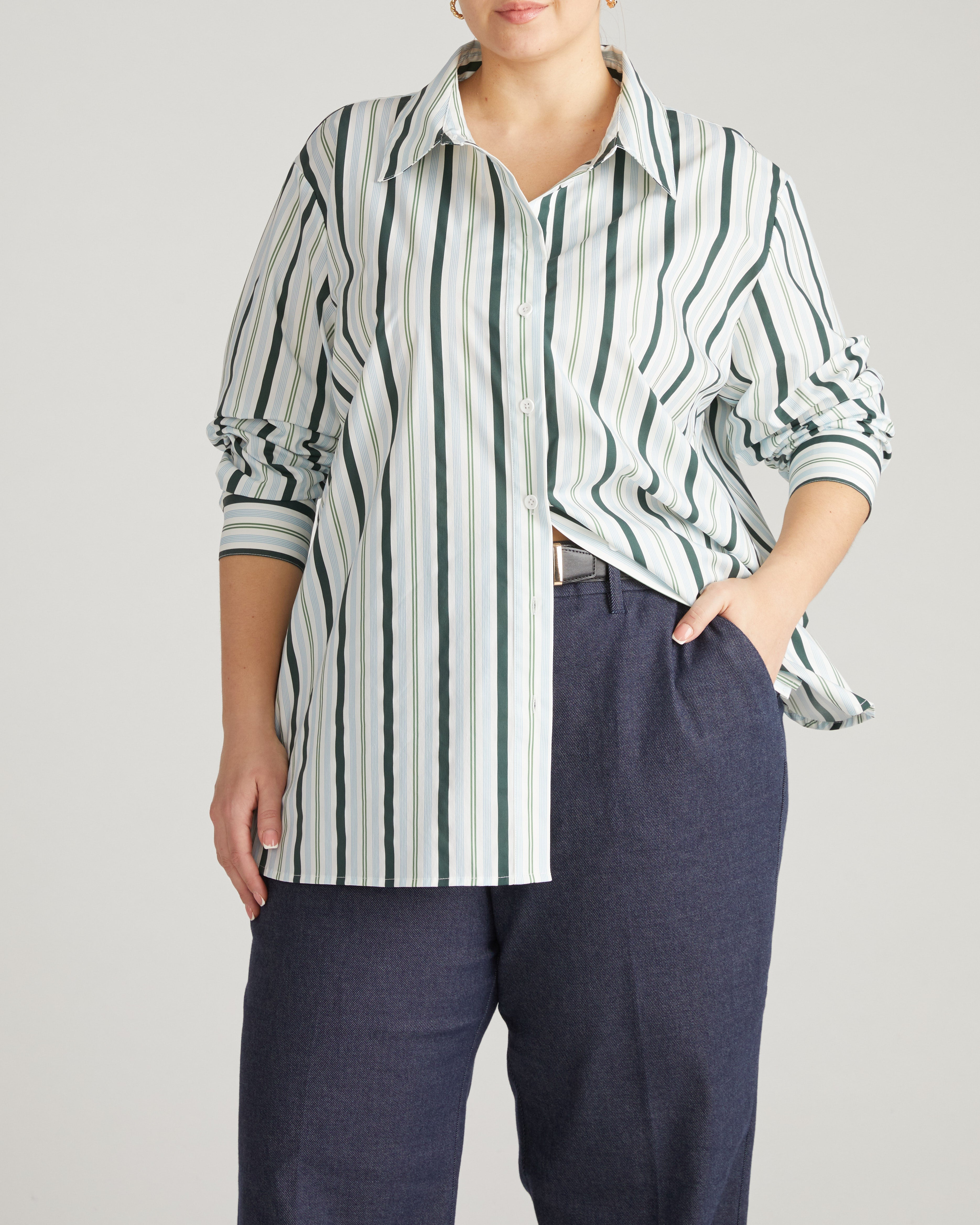 The Artist Oversized Poplin Shirt - Forest Green Multi Stripe