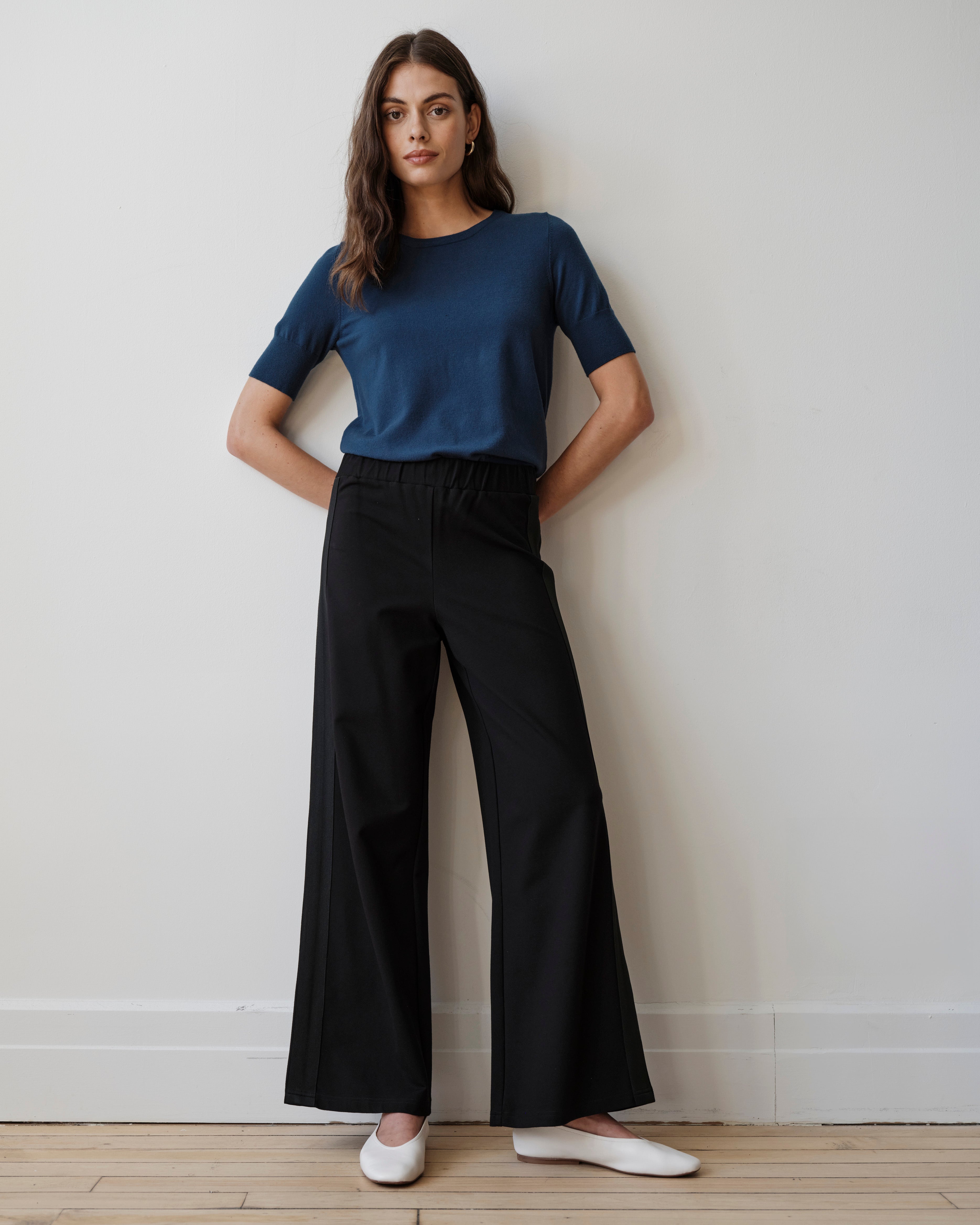 Stephanie Wide Leg Stripe Ponte Pants 30 Inch - Black with Black Stripe
