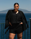 Belted Double Breasted Linen Blend Blazer - Black